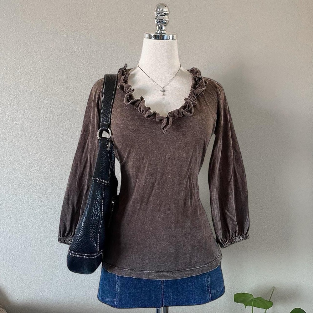 ONE WORLD Brown Ruffle Blouse